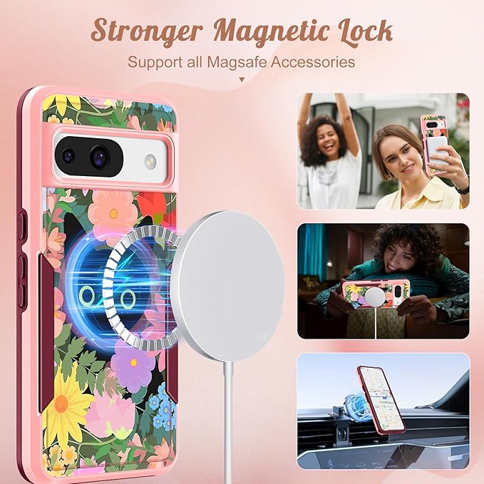 for Google Pixel 8A Case 6.1 Inch - Compatible with MagSafe Women Girls Cute Magnetic Protective Cover Girly Cat Flower Floral Heavy Duty Shockproof Design for Google Pixel 8A Phone Cases