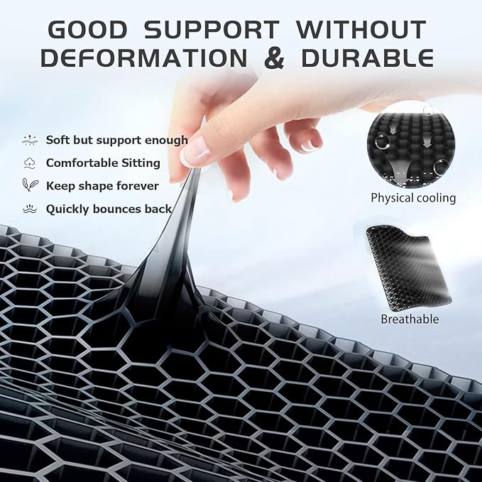Gel Seat Cushion, Jumbo&Thick Gel Cushion Chair Pads with Non-Slip Cover for Home Office Car Seat Wheelchair, Soft Breathable Honeycomb Seat Pads for Relieve Hip Pain,Black 20x20x1.9inch