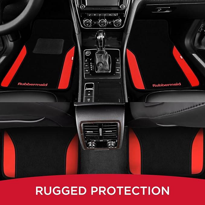 Rubbermaid Car Mats, Carpeted Floor Car Mat with Faux Leather & Built-in Heel Pad, Two-Tone Car Rug Floor Mats, Stylish Carpeted Floor Mats for Cars, Trucks & SUVs Red Color
