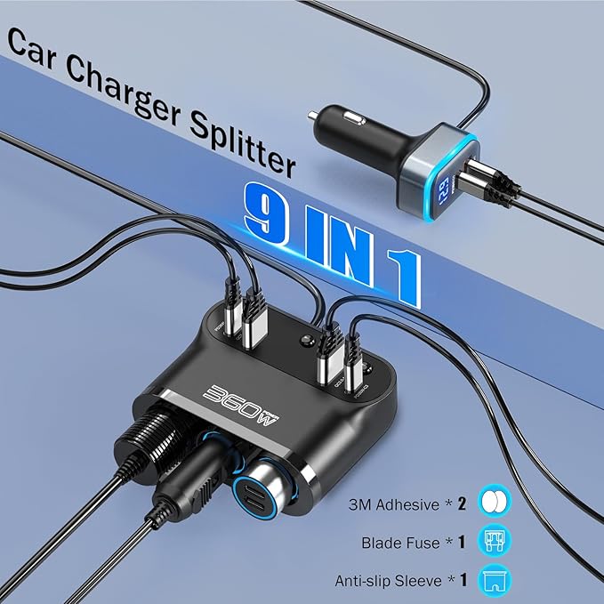 Cigarette Lighter Splitter Adapter 360W: Car 12v Splitter 3 Socket Car Charger Extension Triple USB C 36W and QC3.0 18W Ports 12 Volt Power Outlet DC with Button Switch LED Voltmeter 15A Fuse
