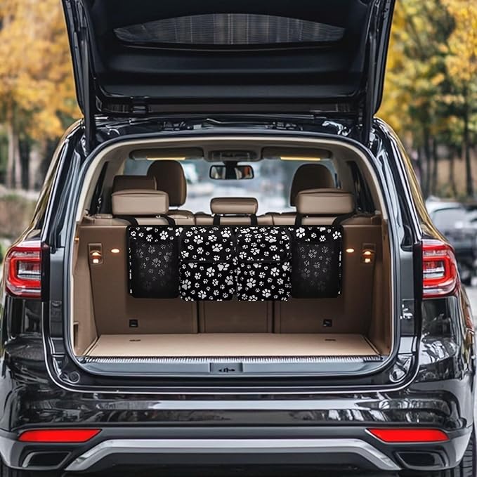 Black White Dog Paw Hanging Trunk Organizer, Foldable Car Trunk Organizer Back Seat with 4 Large Pockets, Hanging Trunk Organizer Universal for Vehicles