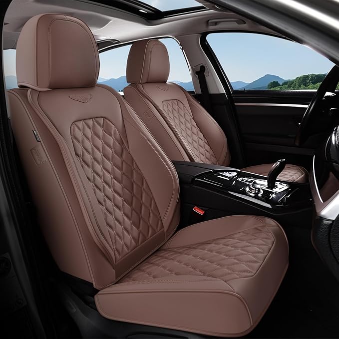 Coverado Front Seat Covers, Luxury Faux Leather Durable Anti-Scratch Cushions, Universal Fit for Cars, SUVs, Pickups, Waterproof Automotive Seat Covers, Car Accessories – Brown