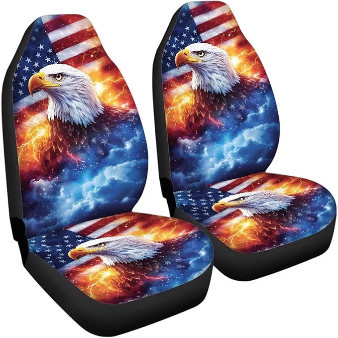 ELEQIN 2 Packs Car Front Seat Cover Car Seat Protector, Nonslip Seat Cover for Cars, Trucks & SUVs Car Interior Decor, Lighting Eagle US Flag Print