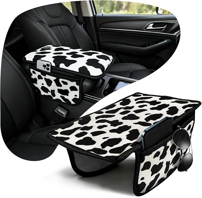 Cow Print Armrest Cover with 2 Side Pockets & Storage Bags, Cute Cow Car Decor,Center Console Cover Pad Organizer, Cow Pattern Cushion Mat,Interior Accessories for Most Vehicles (Black)
