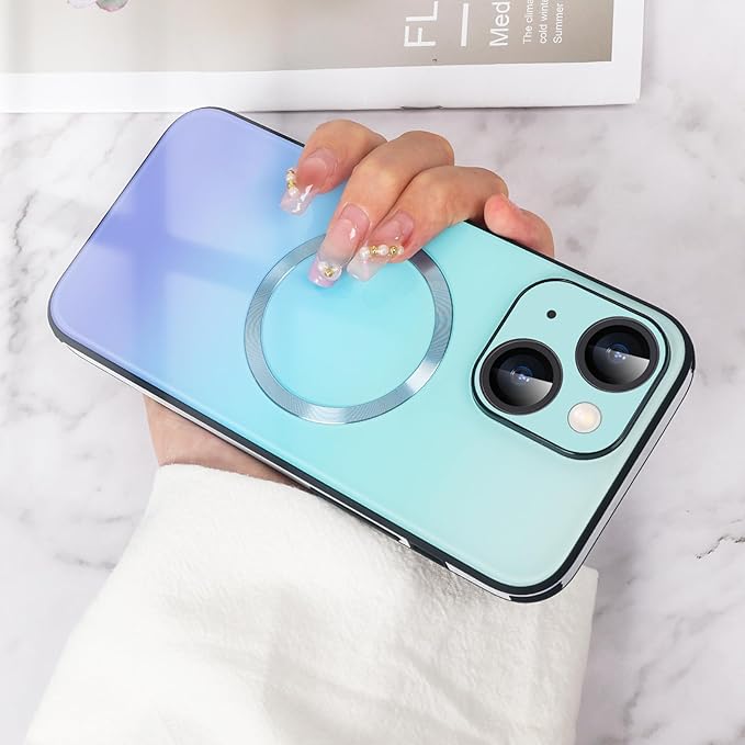 Guppy Compatible with iPhone 13 with MagSafe Case, Magnetic Gradient Case with MagSafe Charging, Gradient Glass Back Cover with Lens Film-Blue