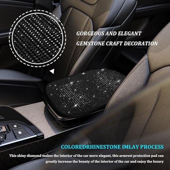 Bling Car Center Console Cover, Car Armrest Cover, Diamond Rhinestone Auto Center Console Cover Protector, Universal Arm Rest Cushion Pads Car Interior Accessories for Vehicles, SUVs (Black)