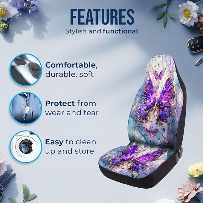 GENANY Purple Butterfly Car Seat Covers Set of 2, Breathable Front Seat Covers for Truck Sedan SUV, Purple Car Accessories, Butterfly Gift for Women