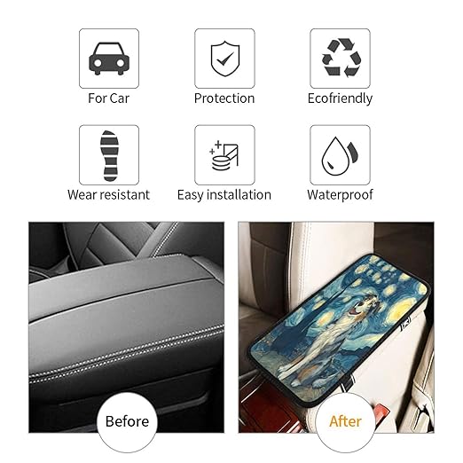 Starry Night Cute Blue and Brown Dog Car Auto Armrest Cushion Cover Accessories Center Console Seat Box Pad Protector Universal Decoration for Most Vehicle SUV Truck