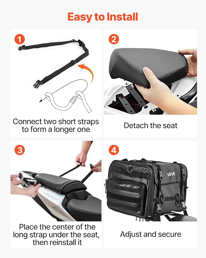 VEVOR Motorcycle Tail Bag, 40-60 L Expandable Motorcycle Rear Seat Bag with Waterproof Rain Cover, Foldable Outdoor Sports Motorbike Luggage Storage with Shoulder Straps, Pocket & Elastic Cord, Black