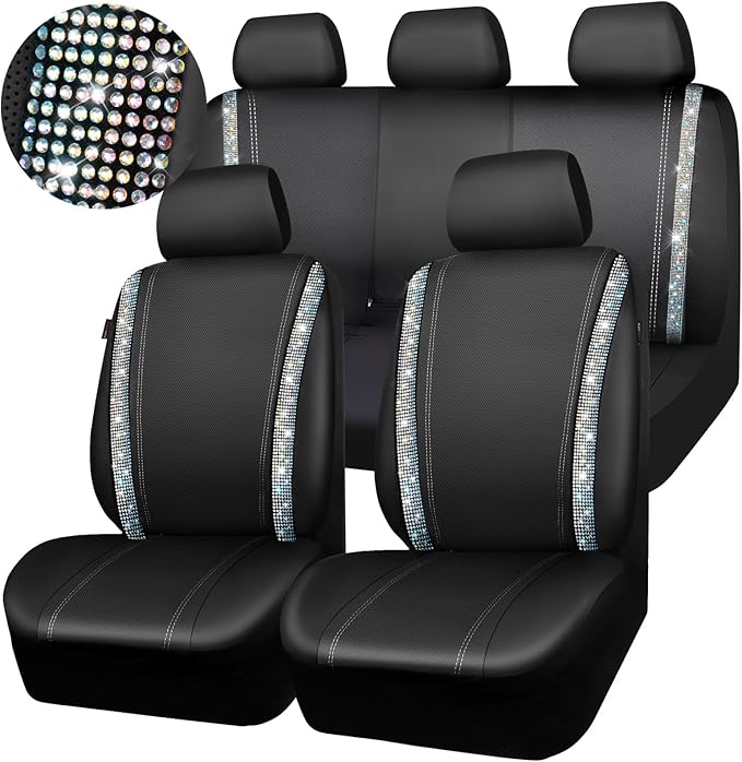 CAR PASS Bling Diamond Car Seat Cover Full Set, Shining Rhinestone Waterproof Leather, Rear with Zipper, Universal Fit 95% Automotive Glitter Sparkle Crystal for Cute Women Girl, Colorful Diamond
