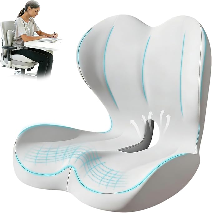 Seat Cushion for Office Chair and Car, Lumbar Support Pillow for Office Chair, Memory Foam Ergonomic Seat Cushion for Long Sitting, Back & Tailbone Pain, Sciatica - Light Gray