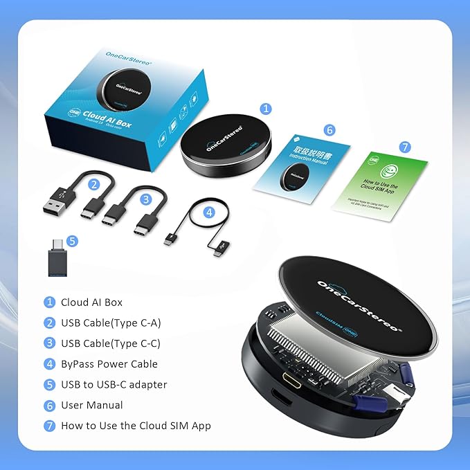 OneCarStereo Cloud Magic AI Box Android 13 CarPlay Adapter with Qualcomm 8 Core, Wireless CarPlay & Android Auto, Built-in Cloud SIM 4G LTE, YouTube & Netflix Streaming for Factory Wired CarPlay Cars