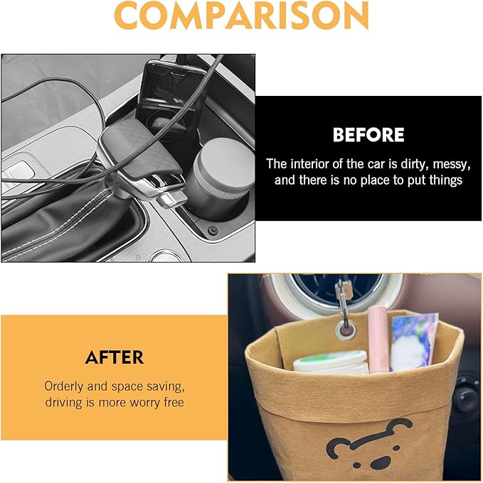 Car Storage Bag, 3.94" x 5.12" Washable Reusable Cute Bear Kraft Paper Car Organizer, Foldable Air Vent Mounted Trash Can, Back Seat Hanging Storage Box for Sunglasses Phone Card Key (Brown)
