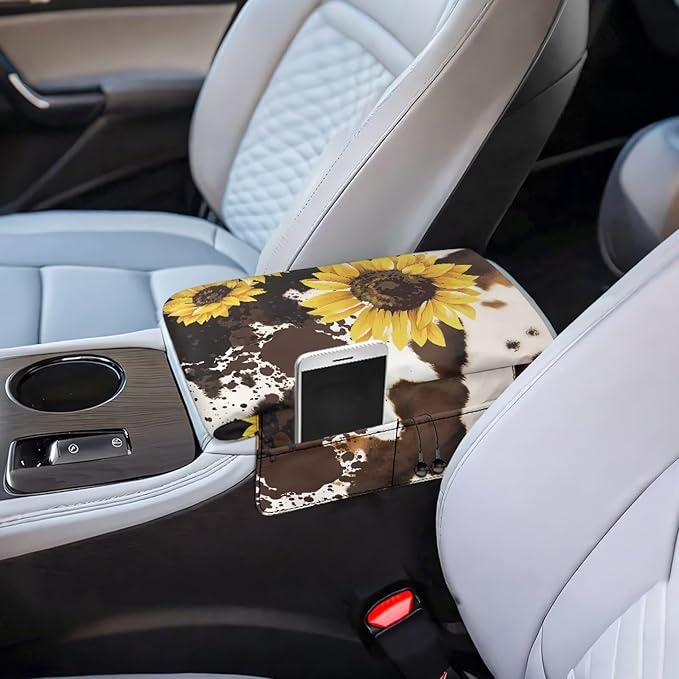Wanyint Sunflower Brown Cow Print Auto Center Console Cover Non-Slip Armrest Cover Cushion Protector Wear-Resistant Arm Rest Cushion Protective Cover Universal Fit for Car Seat Organizer