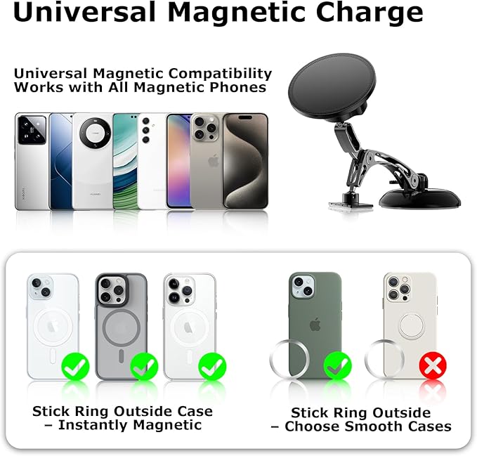 Dual Support for MagSafe Car Mount, Magnetic Phone Holder for Car with Vacuum, 360°Adjustable Metal Head &Extension Rod, Cell Phone Holders for Your Car for iPhone17/16/15/14/13/12, Android