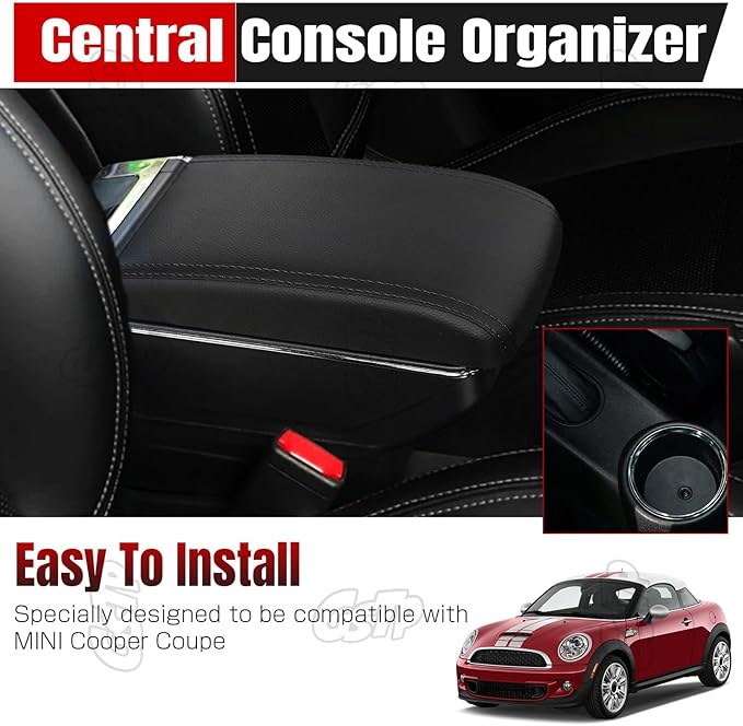 Center Console Armrest Compatible with Mini Cooper Coupe R50 R52 R53 R56 R57 R58 F55 F56 F57 Countryman with 7 USB Port Cup Holder Double Layer Organizer Storage Box (All Black)