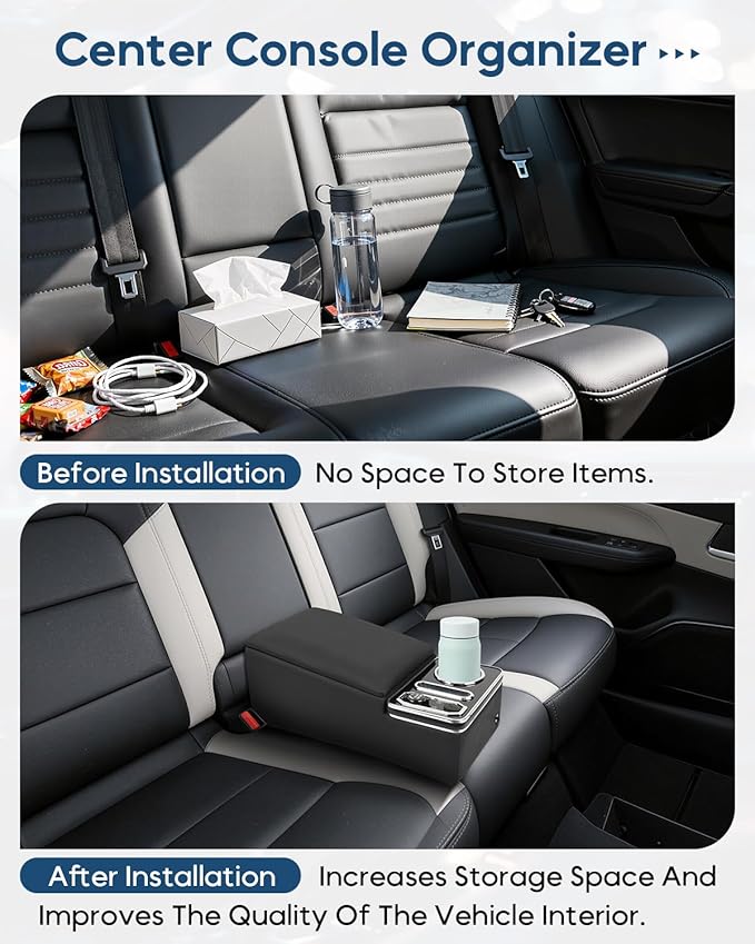Center Console Organizer for Small SUV, Sedan, Truck, Rear Bench Seat Armrest Organizer with 7-Color Adjustable LED Lighting, Upgraded Automotive Center Storage Box with Fast Phone Charging