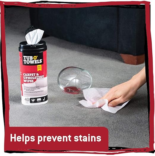 Tub O' Towels Carpet, Rug, and Upholstery Cleaning Wipes - Extra Strength Stain Remover, Odor-Fighting Power, Safe on Natural & Synthetic Fibers, 40-7” x 8” Wipes Per Tub, 2-Pack, Light Citrus Scent
