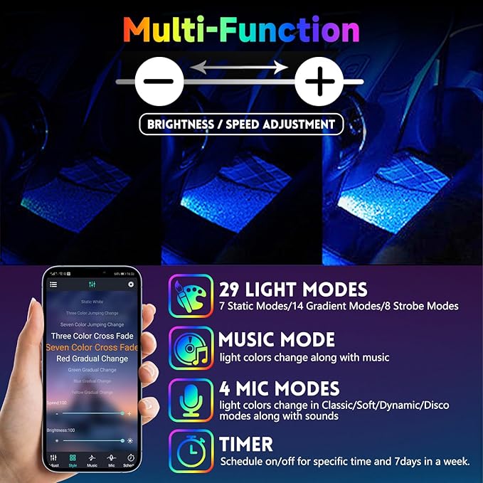Car Led Light Interior 6 Inch 48LEDs Soft Lighting Frosted Under Dash Foot Well Light RGB, 29 Modes Static/Gradient/Strobe/Music, with Controller App Timer, USB 5V