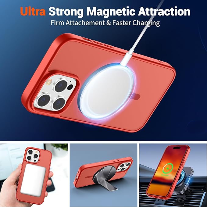 SUPFINE Magnetic for iPhone 14 Pro Case (Compatible with MagSafe) (Military Grade Drop Protection) Slim Translucent Matte Shockproof with Anti-Fingerprint Phone Case,Red