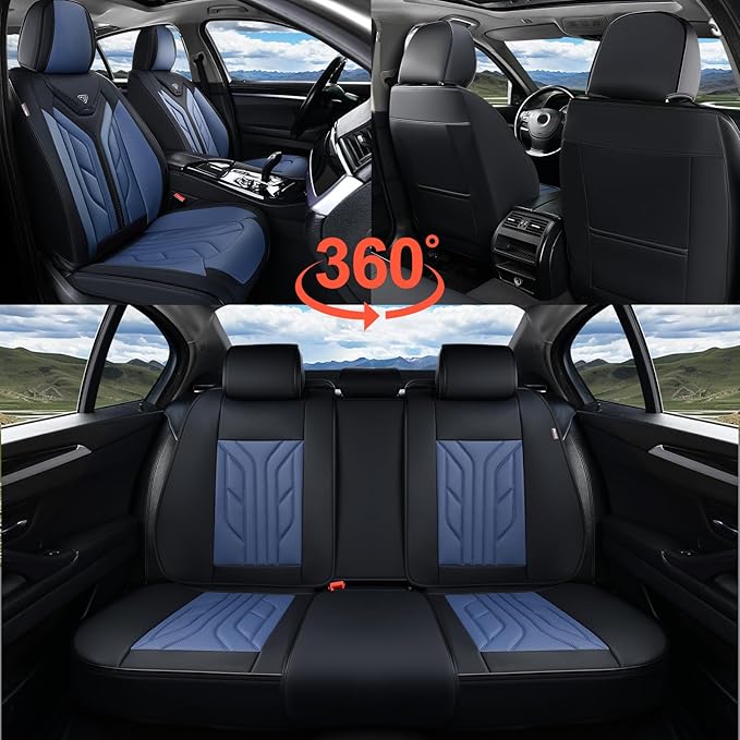 Coverado Car Seat Covers Full Set, Automotive Seat Covers Car Seat Protector Car Seat Cushion, Waterproof Leather Seat Covers for Cars, Universal Fit for Most Sedans SUV Pick-up Truck(Black&Blue)