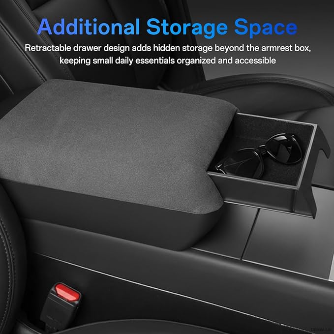 Center Console Armrest Cover for Tesla Model Y/3 Juniper/Highland 2026 2025 and Model Y L, Non-Slip Suede Arm Rest Storage Box Pad with Height Increase, Middle Console Covers Protector Mat