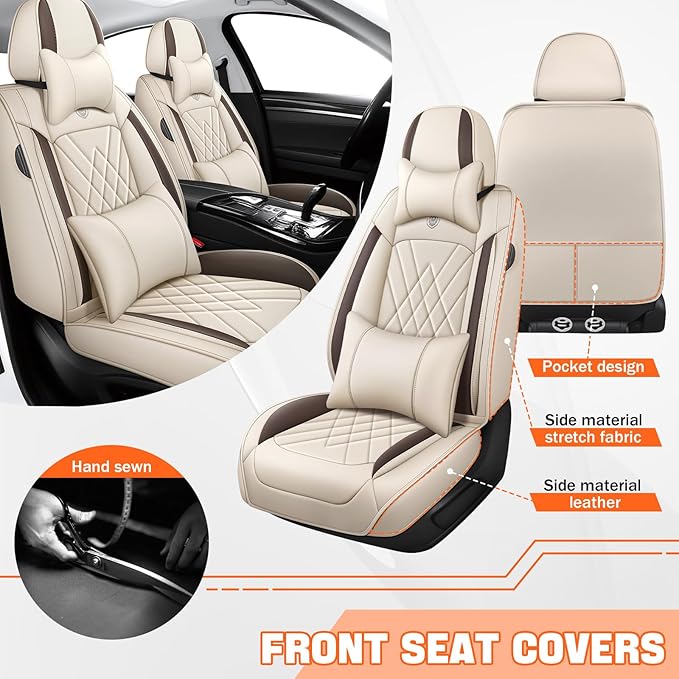 Car Seat Covers Compatible with Toyota Camry 2012-2026 Durable Waterproof Automotive Seat Covers Stretchable, Airbag Compatibility, Premium Nappa Leather(Beige Brown, 2 Pcs Front with Pillow)