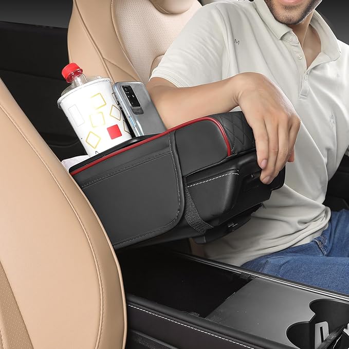 FREESOO Car Center Console Cover, Leather Armrest Cover for Car, Universal Middle Console Cushion with Storage Box, Cup Holder, Tissue Box & Phone Slot, Waterproof Interior Accessories, Black Red