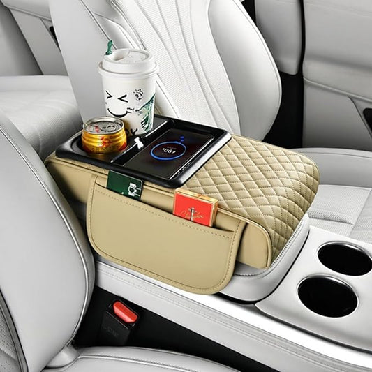 Car Armrest Pad with Built-in Induction Charging, Leather Center Console Cushion with 15W Power Pad, Dual Cup Holders, Storage Pockets - Beige