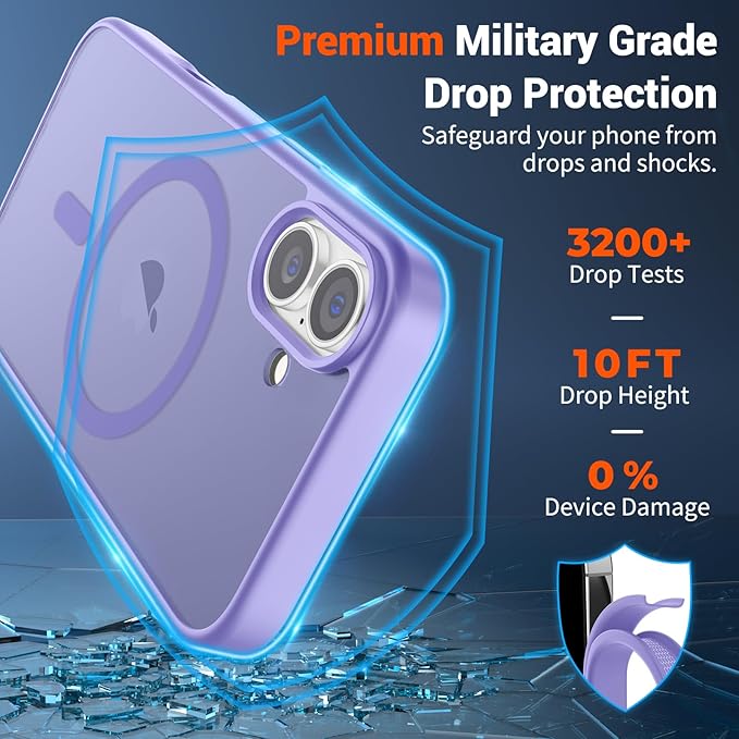 SUPFINE Magnetic for iPhone 16 Case (Compatible with MagSafe) (Military Grade Drop Protection) Slim Translucent Matte Shockproof with Anti-Fingerprint Phone Case,Purple