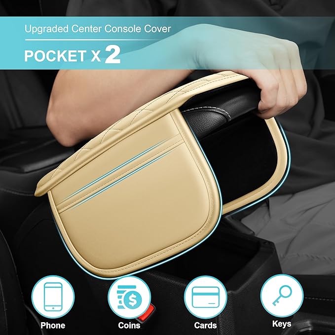 Center Console Cover Fit for Kia Sorento 2003-2025 with 2 Storage Bags Waterproof Leather Quilted Pattern Car Armrest Cover Cushion Anti - Slip(Beige&White Line)