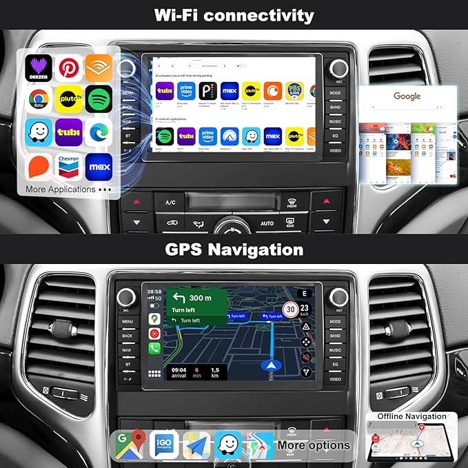 5GWiFi Upgrade Car Radio for Jeep Grand Cherokee 2011-2013, Dodge Durango 2011-2013, 7inch Touch Screen Stereo Headunit Wireless Carplay Android Auto GPS Navigation FM Camera Bluetooth RDS Mirror Link