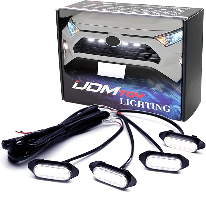 iJDMTOY Smoked Lens Front Grille TRD Style Xenon White LED Lighting Kit Compatible with Toyota 2019-2025 RAV4, Includes (4) 12-SMD Smoke Cover LED Grille Lights & Wiring Harness