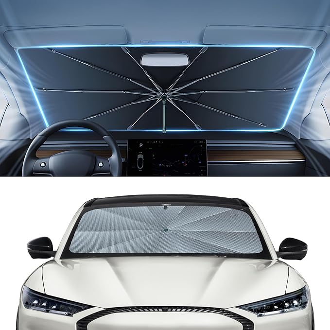 Autorder Windshield Sun Shade Umbrella for 2021-2026 Ford Mustang Mach-E Accessories,Upgraded Ice Crystal Material,Easy Setup Umbrella Sunshade for Car Windshield,100% Sun Blocking