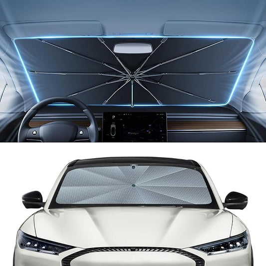 Autorder Windshield Sun Shade Umbrella for 2021-2026 Ford Mustang Mach-E Accessories,Upgraded Ice Crystal Material,Easy Setup Umbrella Sunshade for Car Windshield,100% Sun Blocking