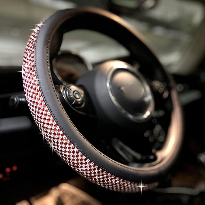 PINCTROT Large Size Bling Comfy Steering Wheel Cover with Jumbo Crystal Rhinestones, Anti-Slip Diamond Leather, 15.5-15.75 Inch (Red)