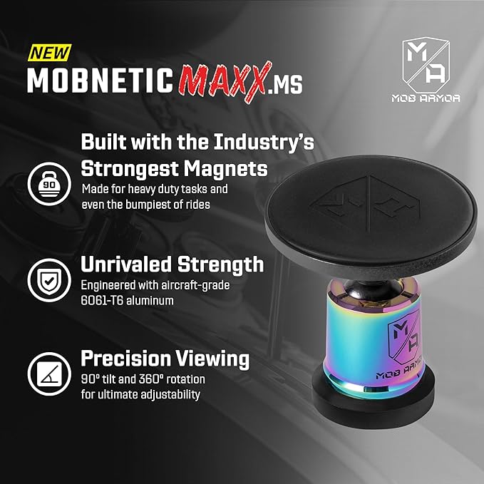 Mob Armor MobNetic Maxx MS - MagSafe Compatible Car Phone Mount w/ 90º Tilt, 360º Rotation & Durable Aluminum Build, Magnetic Holder for iPhone & Android Devices, USA Assembled - Multi-Colored