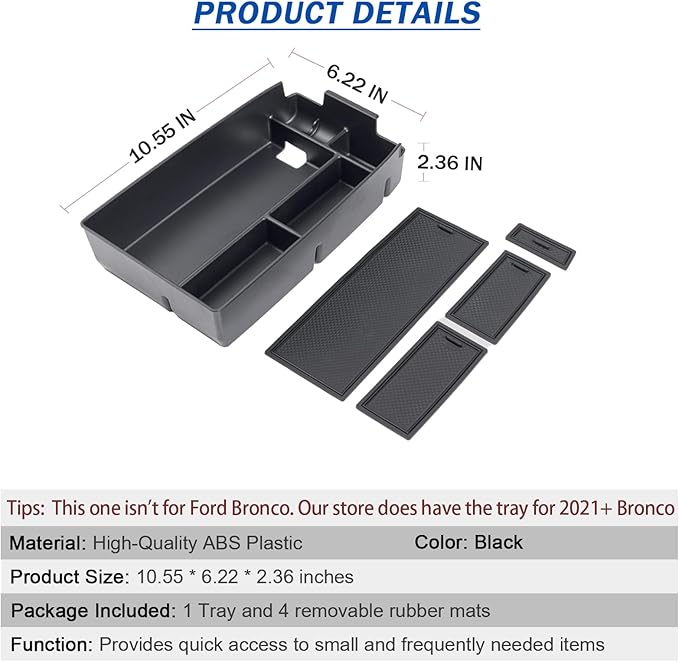 TOPINSTALL Center Console Tray Compatible with Bronco Sport 2021-2025/Ford Escape 2020-2026 Accessories, Long Compartment Storage Organizer Coin Container Black (Not for 2026 Sport)