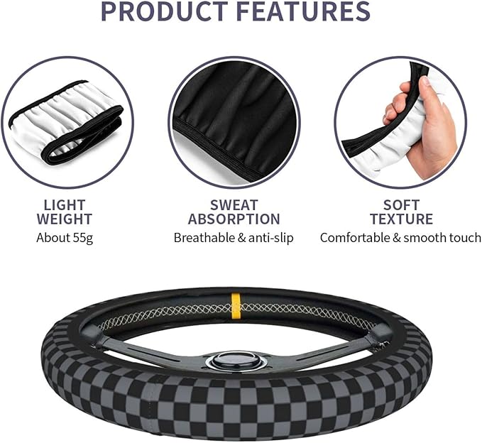 Checkered Steering Wheel Cover Gray - Checkered Black Gray Steering Wheel Cover Anti-Slip Breathable Universal 15 Inch Car with 2 Pcs Car Coasters Suitable Men Women