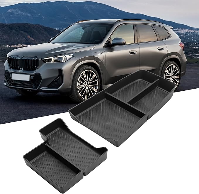 Jaronx Compatible with BMW X1 Center Console Organizer Tray 2023 2024 2025 2026 U11, 2PCS Lower Console Organizer Tray, TPE Storage Box for 2023-2026 BMW X1 Accessories