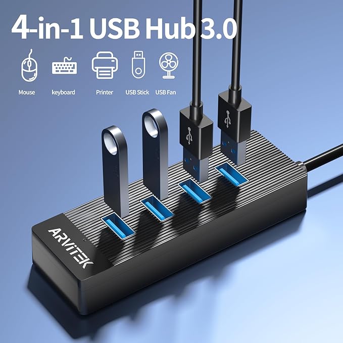10Ft 4-Port USB 3.0 Hub for Desktop, USB Extender Hub 5Gbps, USB Multiport Adapter, USB Splitter w/Long Cable for Desktop, PC, Flash Drive, Mobile HDD, USB Fan (10 Foot / 3m)