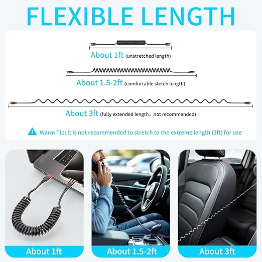 Coiled USB C to USB C Cable, 2 Pack 3FT USBC Car Charger Cord, USBC to USBC Coiled Cable Fast Charging for Carplay, iPhone 17/16/15 Plus/Pro Max, Samsung Galaxy S25 S24 S23, Pixel 10 9
