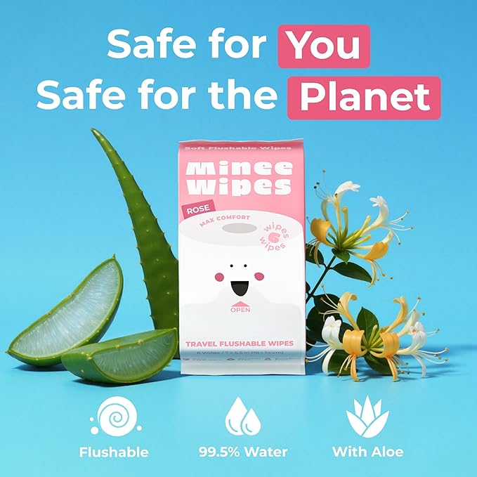 Impossibly Compact Travel Flushable Wipes - 99.5% Water and Aloe - Safe for Sensitive Skin - Travel Essentials for Adults, Kids & Babycare, Rose, 8 Pack 48 Wipes