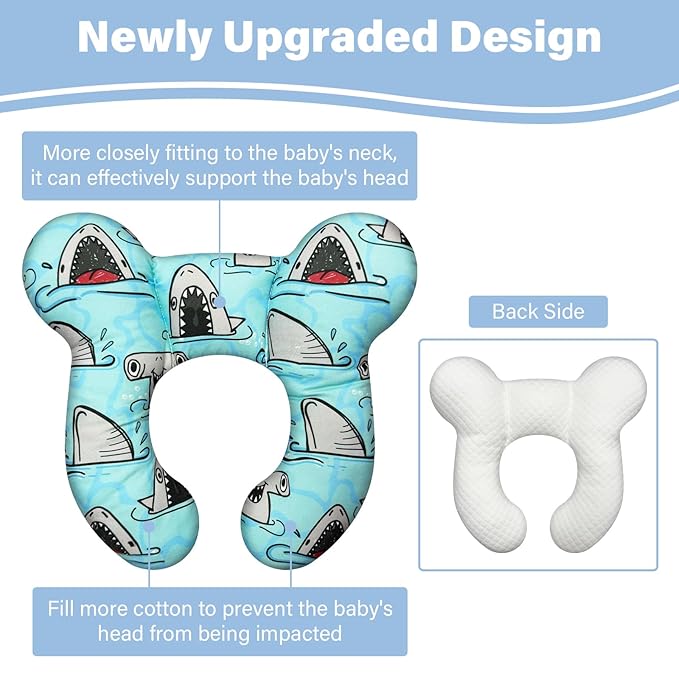 Baby Neck Pillows - Upgraded Toddler Travel Cushion for Toddler Head and Neck, Infant Neck Pillow for Car Plane Stroller Pushchair - Shark B