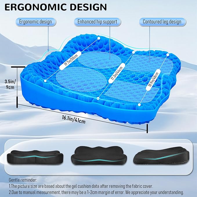 Cooling Gel Seat Cushion, Thickened Big Breathable Honeycomb Design Absorbs Pressure Points Gel Cushion with Anti-Slip Cover Cooling Seat Cushion for Office Chair Home Car Seat Cushion for Wheelchair