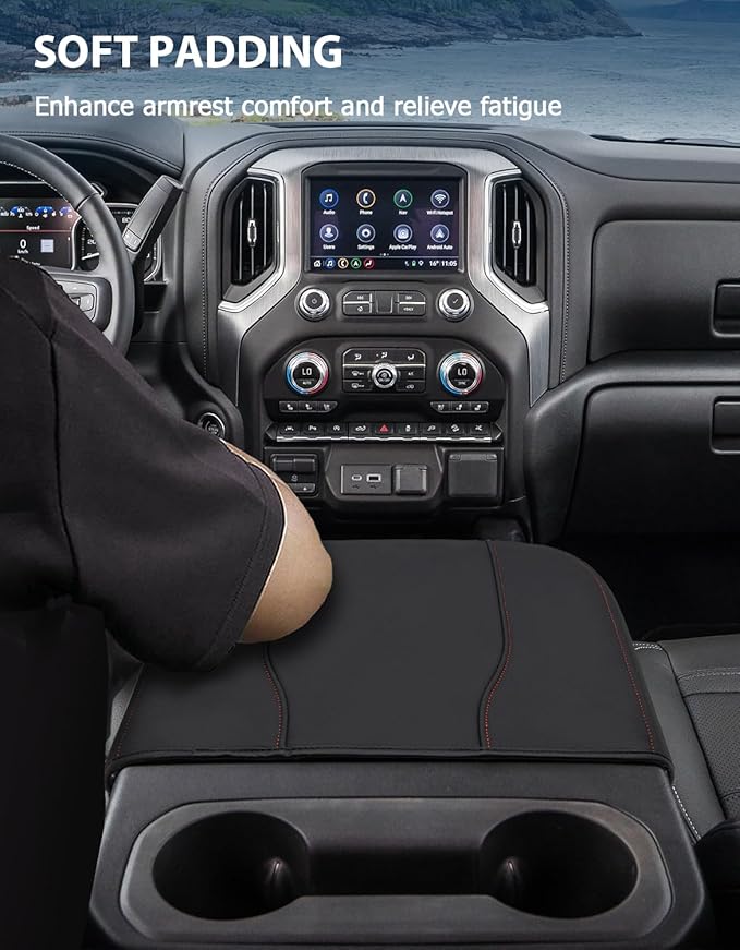 Center Console Cover for Chevy Silverado 1500 Accessories & GMC Sierra 2019-2026, Yukon & Tahoe & Suburban 2021-2026, Bucket Seat Only, Vinyl Armrest Middle Console Cover, Black-Red Stitch