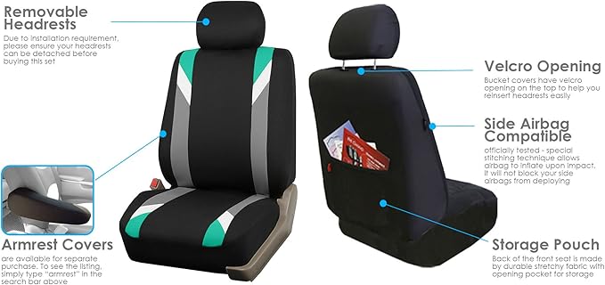 FH Group Car Seat Covers Premium Modernistic Flat Cloth Car Seat Covers Front Seats Only Mint Black, Airbag Compatible Universal Fit Interior Accessories Cars Trucks SUV Car Accessories Protector