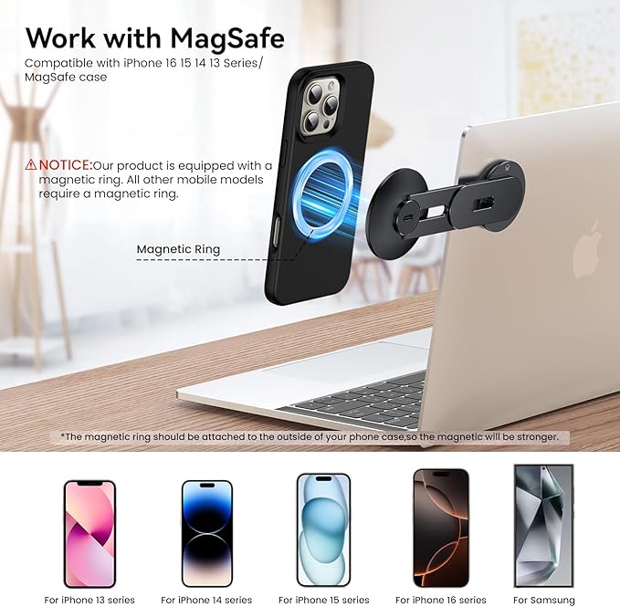 Laptop Phone Holder, Magnetic Phone Stand 15W Fast Wireless Charger for MagSafe for iPhone 17/16/15/14/13/12 & All Phones for Tesla (Black)