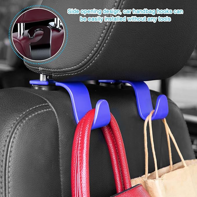 Ziciner Car Seat Headrest Hooks, 4 Pack Auto Durable Backseat Hangers Storage Organizer, Universal Vehicle Interior Holder Accessories for Purse, Grocery Bags, Handbag, Cloths ect (Blue)
