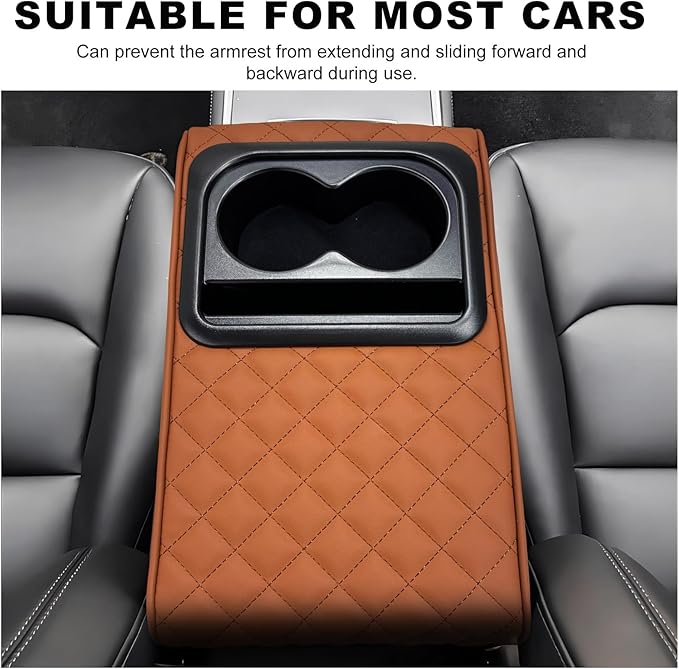 Car Center Console Armrest Pillow, Memory Foam Auto Armrest Box Cover with Cup Holder & Phone Holder, Waterproof Leather Arm Rest Protector Cushion, Interior Car Accessories (Diamond, Brown)